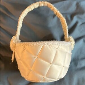 White satin flower girl basket with pearls